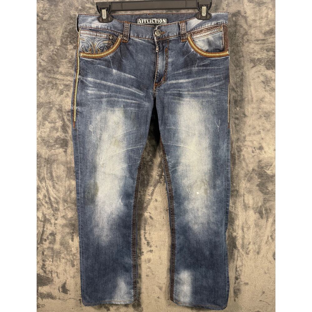 Y2K Affliction Black Premium Blake Distressed Grunge Denim Jeans Size 34 Blue
